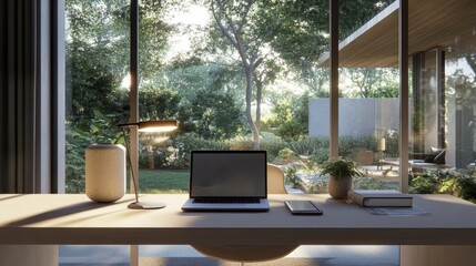 Modern Home Office with Garden View: A Peaceful Workspace
