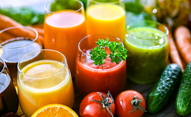 Glasses with fresh organic vegetable and fruit juices