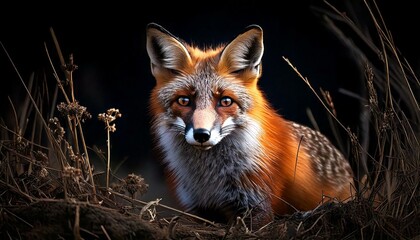 Naklejka premium a fox lost near the hunt; small predator in low key, dark.