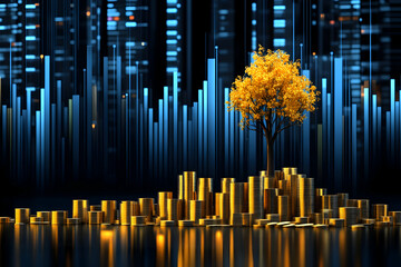 Obraz premium Golden tree growing from coins against city skyline.