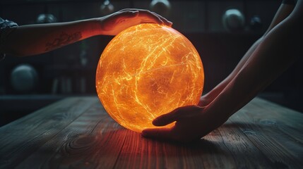 Hands interacting with a glowing orange digital globe on a futuristic data management interface