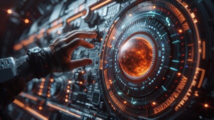 Hands touching a glowing orange digital globe on a futuristic interface for data management