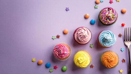 Obraz premium Group of vibrant cupcakes with colorful frosting and sprinkles arranged on a flat surface against a pastel backdrop
