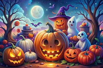 Whimsical Halloween Illustrations of Pumpkins, Ghosts, and Spooky Elements in a Vibrant Collection Perfect for Seasonal Decor and Festive Celebrations