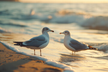 Two seagulls standing on the beach near the water during sunset.