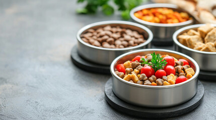 Assorted pet food in bowls on stone background with herbs, healthy nutrition concept for pets.