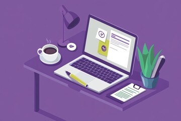 Purple Workspace: Laptop, Coffee, and Plant