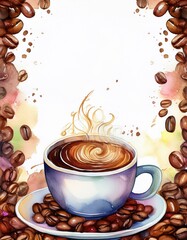 Obraz premium watercolor coffee cup with swirling steam, surrounded by a light border of coffee beans