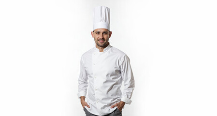 Naklejka premium Male chef in professional suit and cap isolated on white background. Cooking. Restaurant