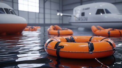 Aviation safety training simulation with life vests and rafts