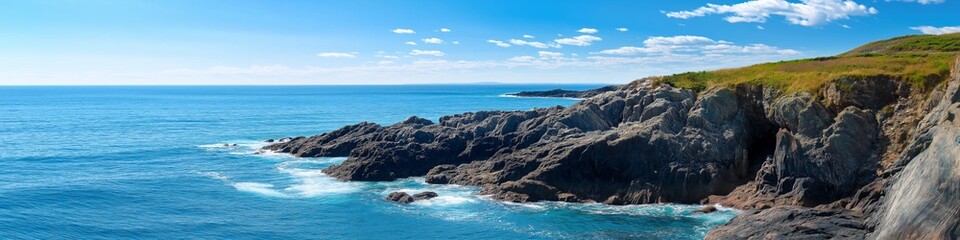 Fototapeta premium A beautiful ocean view with a rocky shoreline. The water is calm and the sky is clear