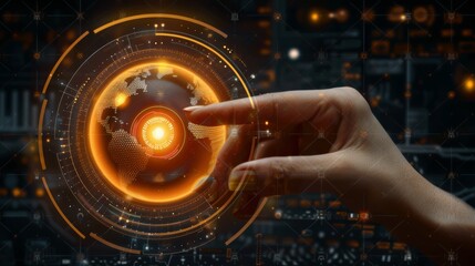 Hands interacting with a glowing orange digital globe on a futuristic data management interface