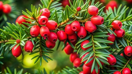 Obraz premium Yew Branches Adorned with Vibrant Red Berries Captured in Documentary Style, Celebrating Nature's Beauty and the Changing Seasons, Ideal for Botanical Illustrations and Eco-Friendly Designs