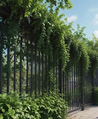 Iron black bar fence covered in thick climbing vines with green leaves , plants, outdoor