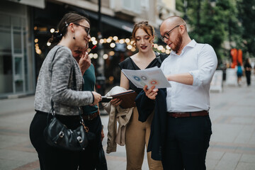 Group of young professionals discussing project details on a city street, highlighting teamwork,...