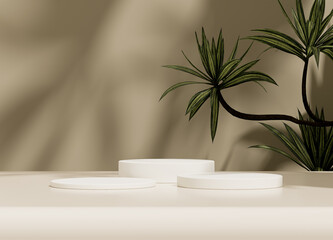 White stand podium on background with plant branches and leaves. Mock up for the exhibitions, presentation of products, therapy, relaxation and health.