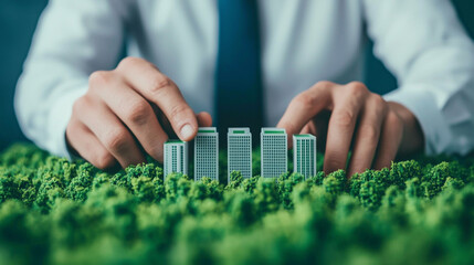 Naklejka premium Businessman's hands arranging miniature buildings on lush green landscape, symbolizing eco-friendly urban development.