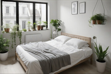 a bedroom with a bed, plants and a mirror on the wall above it, and a plant in the corner, Florianne Becker, minimalism, neutral colors, a stock photo