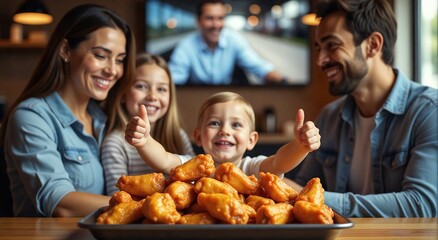 Happy family of white people enjoying chicken wings while watching a sports game on TV, capturing the joy and togetherness of the moment