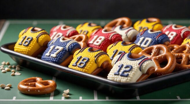 Pretzels decorated as colorful football jerseys with numbers, fun themed treats for american football events