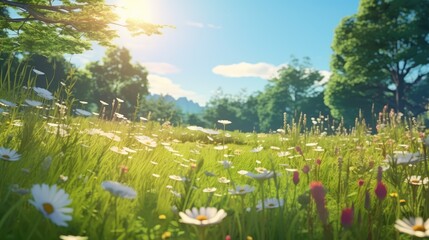 A peaceful meadow with blooming wildflowers and a soft golden glow, perfect for relaxing banner designs.
