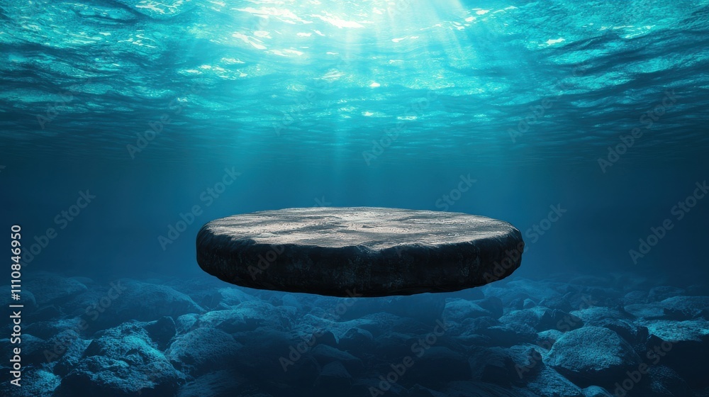 Poster A serene underwater scene featuring a floating circular object illuminated by rays of light penetrating the water's surface.