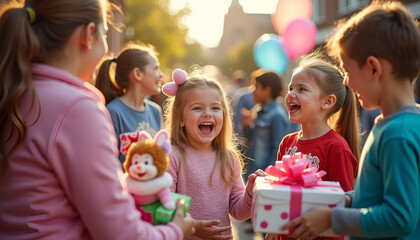 Fototapeta premium Excited children exchanging gifts and celebrating at outdoor birthday party with balloons, charity toys, donation, toy drive, toy distribution event 