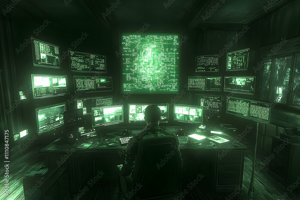 Poster hacker at work in a dark room with many monitors displaying green code.