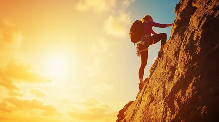 Woman rock climbing at sunset.