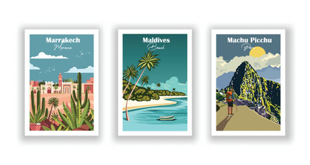 A set of 3 vintage travel vector posters, Machu Picchu, Peru,Maldives, Marrakech, Morocco, High-quality prints, vector illustration