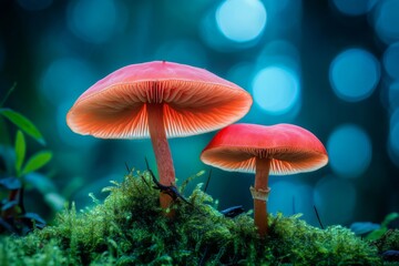 Fototapeta premium Close-Up of Small Brown Mushrooms Growing on Mossy Ground in a Forest. Natural and Serene Woodland Scene.