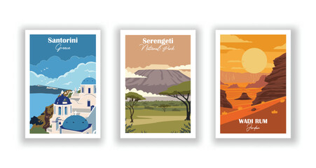 
A set of 3 vintage travel vector posters: Wadi Rum, Jordan; Serengeti National Park, Tanzania; Santorini, Greece. High-quality prints, vector illustration