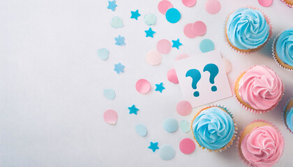 Celebration of gender reveal party featuring colorful confetti and themed cupcakes with question marks