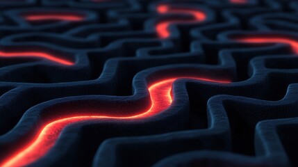 Obraz premium Navigating the dark blue maze with a glowing red path digital art