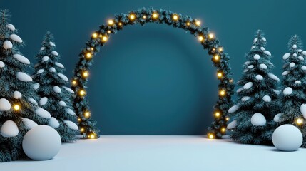 Glowing garland arch with snow winter wonderland festive scene