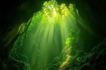 A lush green forest with sunlight shining through the trees. The light creates a serene and peaceful atmosphere