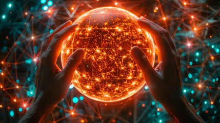 Hands manipulating a bright orange digital globe on a futuristic interface symbolizing innovation
