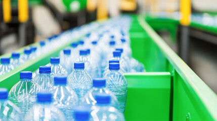 Close-up of water bottles on a conveyor belt in a bottling factory, showcasing modern production processes.