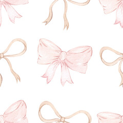 Watercolor pattern with bows. Cute print with pink and beige bows. Hand drawn illustration for design and decoration of backgrounds, wallpapers, wrapping paper, textiles. Girly strong style.
