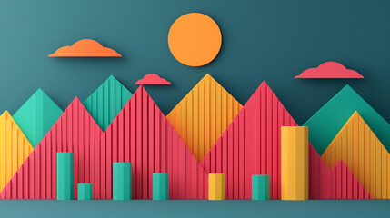 Colorful geometric mountains and clouds under a bright sun, in a modern abstract style.