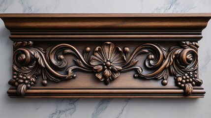 An ornate wooden molding featuring intricate floral and scroll designs, perfect for decorative architectural accents.