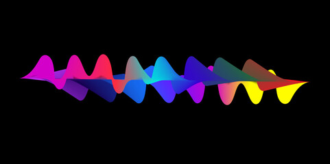 Abstract sound rhythm wave vector illustration. Blue, pink, yellow, blue and red flowing twisted waveforms isolated on black background.