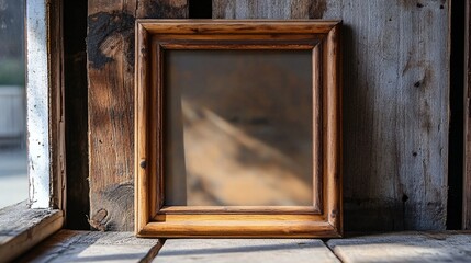 A rustic wooden frame sits on a weathered surface, reflecting soft light, evoking a sense of nostalgia and simplicity.