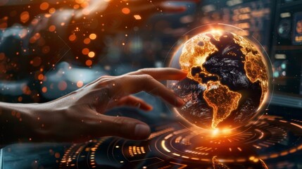 Hands interacting with a glowing orange digital globe on a futuristic data management interface