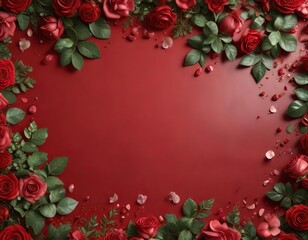 Red velvet background with scattered rose petals and a few strands of greenery , warm, cozy, red velvet