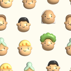 Various Heads with stylish Haircuts. Colorful funny characters. Inflated balloon cartoon 3D style. Hand drawn modern Vector illustration. Square seamless Pattern, background, wallpaper, print template