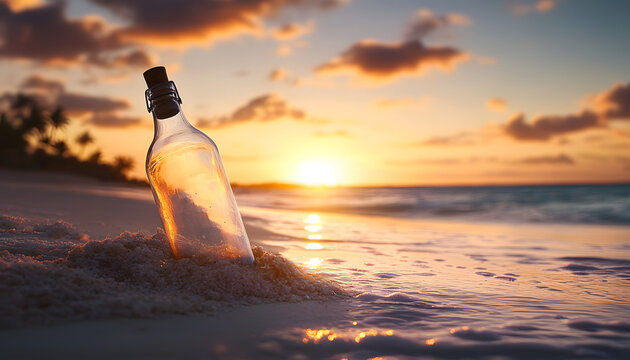 romantic sunset at the beach with bottle with a message