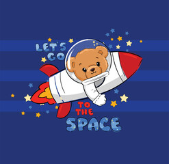 Rocket illustration with Teddy Bear, kids t shirt design vector Hand Drawn