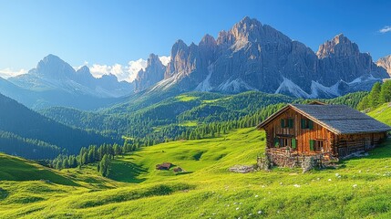 Obraz premium Scenic mountain landscape with a rustic cabin surrounded by lush greenery and towering peaks.