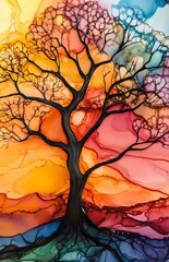 Tree Silhouette Alcohol Ink Background. Colorful Simple Shape

